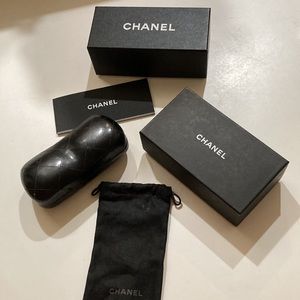 Authentic CHANEL sunglasses boxes (2 sizes), quilted case, book, bag.
